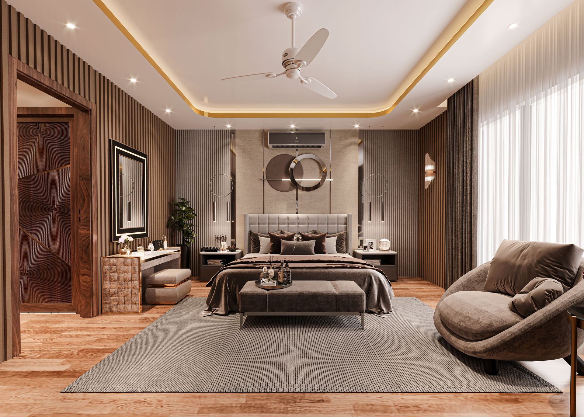 Elegant modern bedroom with plush furnishings and soft lighting.